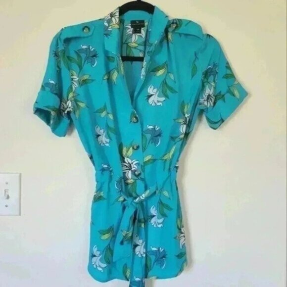 WORTHINGTON blue and yellow xs shirt snacked waist with tie floral jcpenny - Picture 1 of 6
